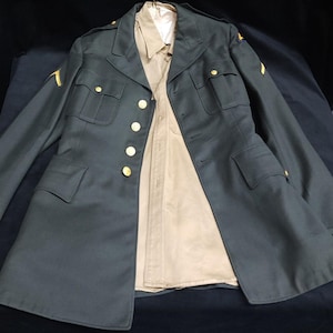 Vintage Military US Army Dress Green Jacket Uniform Dress Coat w/ Patches 37L