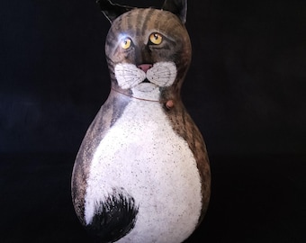 2008 Handcrafted Hand Painted Folk Art Dried Gourd Cat Figurine Whiskers Signed
