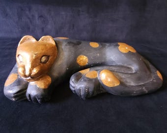 Vintage Thai Bali Indonesia 11.5" Hand Carved Painted Folk Art Wooden Cat Statue