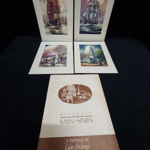 May include: A set of six vintage color etchings by Al Mettel titled "Historic Sails & Spires". The etchings depict sailing ships and historic buildings.
