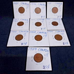 Lot Canada 1 Cent Elizabeth II 10 Coins 1965 - 1975 Small Canadian One Penny Set