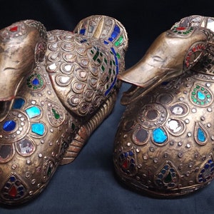 Old Rare Vintage Pair Ducks Wooden Hand Carved Asian Goose Decor Figurines with Color Glass Home Decor