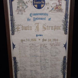 Vintage Rare Framed Santa Fe Railroad Co. Commemorates Signed Retirement Service