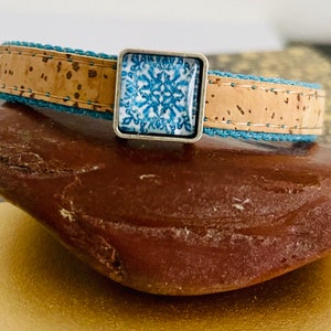 Natural Blue and Beige Cork Bracelet with Portuguese Tile. Great Valentines Gift! Send to a friend!