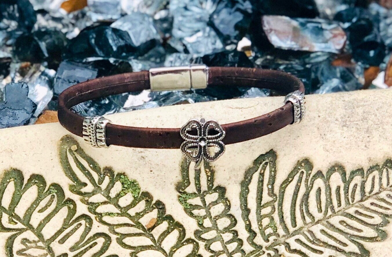 Natural Cork Bracelet with Four Leaf Clover Charm and flat Portuguese beads. Very comfortable for full time wear. Eco friendly jewelry.