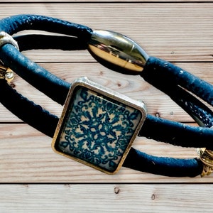 Blue Natural Cork Bracelet with square Portuguese tile. Natural Eco friendly.  Great Gift, send to a friend!