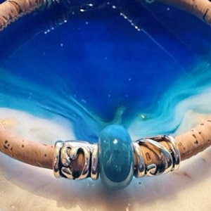 Natural Cork  Bracelet with a glazed porcelain blue color Bead . Great Gift! Send to a friend!
