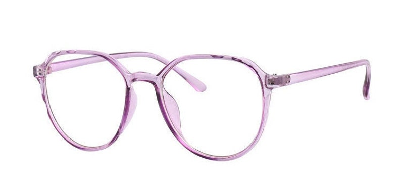 May include: A pair of round, light purple spectacles with clear lenses.