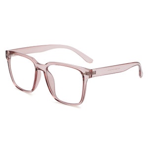 May include: Pink plastic framed glasses with clear lenses.