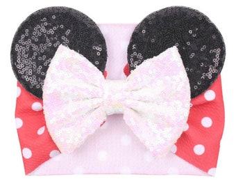 IN STOCK! Red White Polka Dots Sequin Minnie Mouse Ears Baby Headband