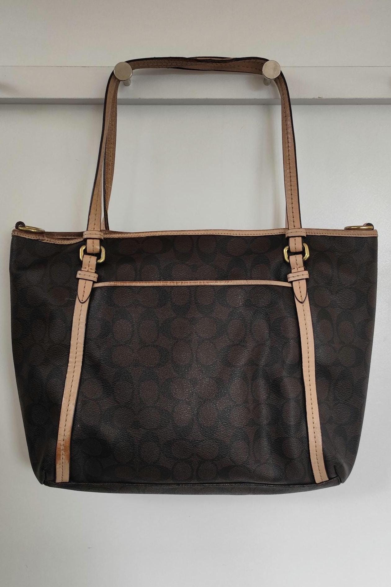 バッグ Vintage Coach Leather Tote Bag Brown Vintage Coach Signature Canvas Tote Bag: Brown Leather Trim