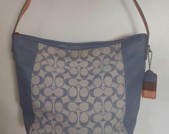 Coach Signature Light Blue Canvas Leather Tote Bag