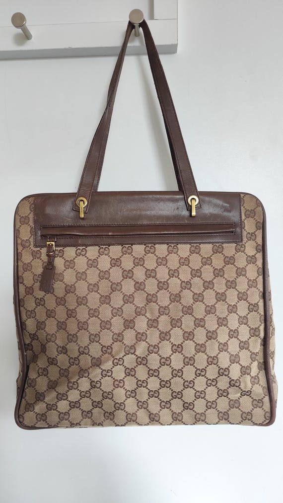 Gucci GG Canvas Tote Bag with Brown Leather Trim | Authentic Pre‑Loved Designer Bag | Classic Monogram Shoulder Tote