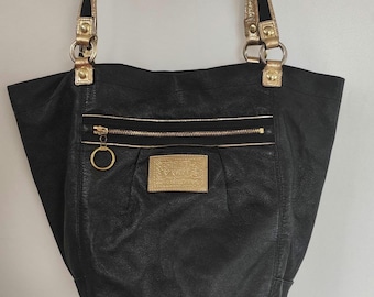 Coach Black and Gold Soft Leather Bucket Tote Bag