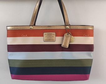 Vintage Coach veelkleurig gestreepte leren draagtas rode Coach Signature canvas draagtas