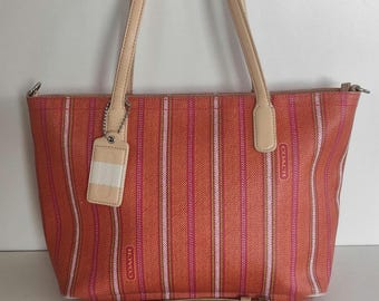 Coach Legacy Tote Orange PINK Ticking Stripe CC Leather Bag