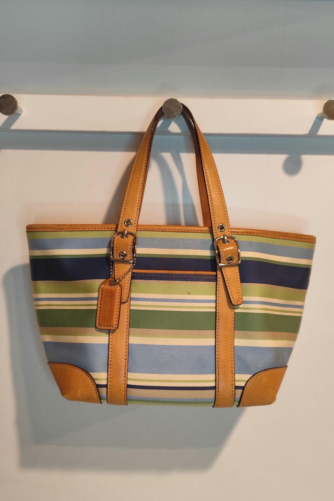 バッグ Vintage Coach Hampton Bag Green Blue Vintage COACH Hamptons Green Blue & White Stripe Tote Bag