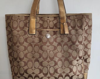Coach Signature Canvas Large Tote Bag in brown and tan coach