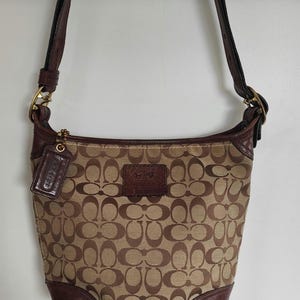 Coach Signature Brown Monogram Shoulder Bag With Leather Trim