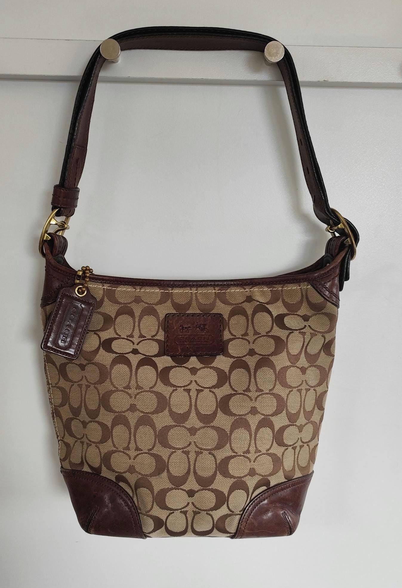 Coach Signature Brown Monogram Shoulder Bag With Leather Trim