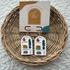 Handmade Bookshelf Dangle Earrings: Polymer Clay Statement Jewelry