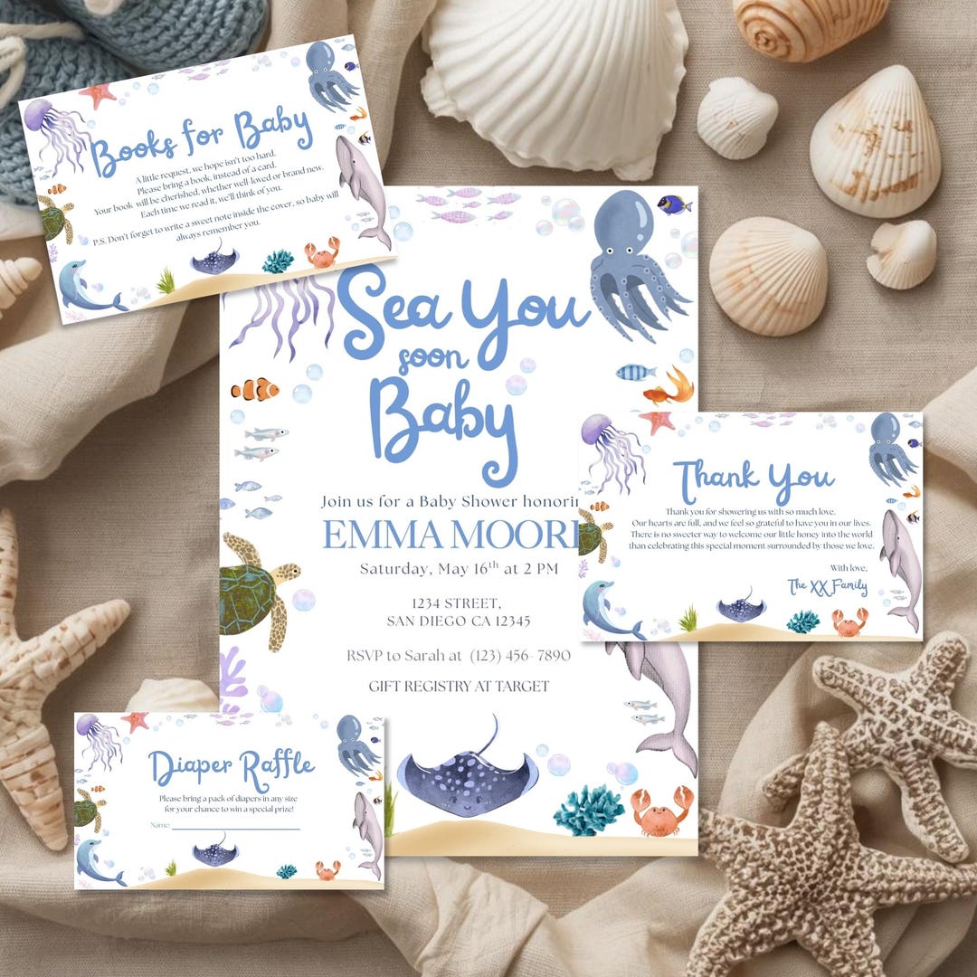 Sea You Soon Baby Shower Invitation Bundle, Ocean Theme, Editable ...