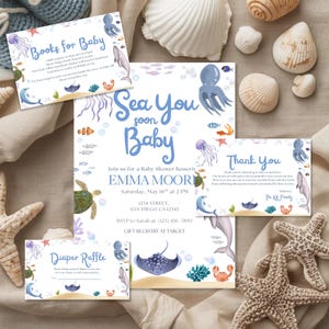 Paquete de invitaciones para baby shower "Sea You Soon", temática oceánica, editable (descarga digital) SYS1
