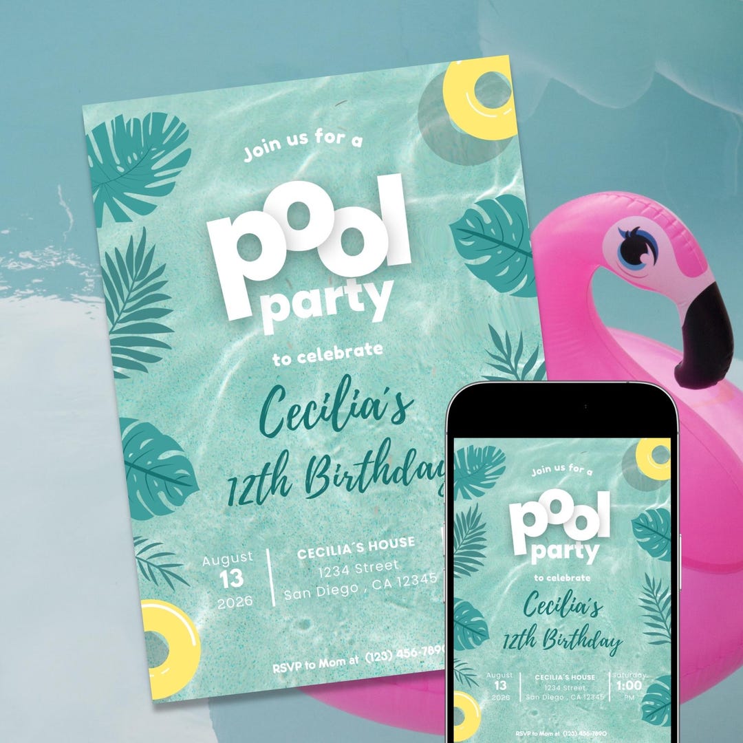 Tropical Pool Party Invitation Template, Summer Birthday Invite ...