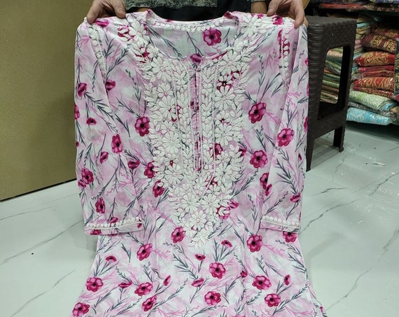 Handmade Lucknowi Ethnic Chikankari Embroidery Mul Mul Cotton Kurta Kurti For Women Women dress Kurta Top Tunic