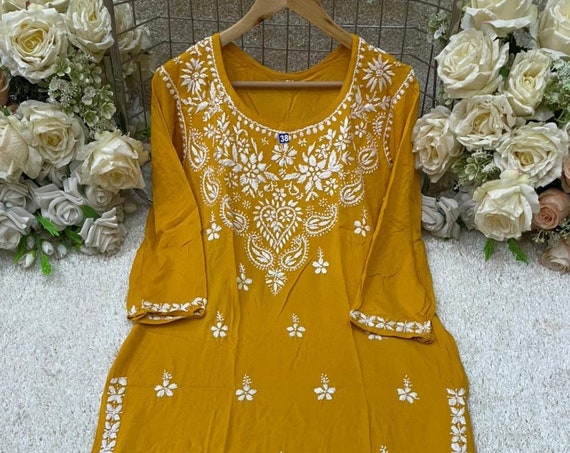 Handmade Lucknowi Ethnic Chikankari Embroidery  Rayon Cotton Long Kurta Kurti For Women