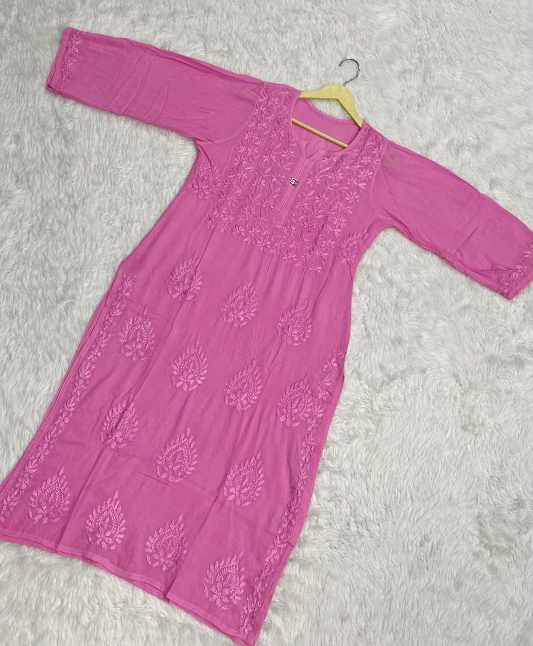 Chikankari Long Kurti - Floral Hand Embroidered Modal Shirt