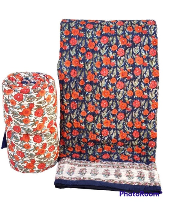 Handblock Printed Blue Floral Quilt, Handmade Quilt Hand Block Print, 100% Cotton Blanket, Jaipur Quilt, Interior Designer Quilt
