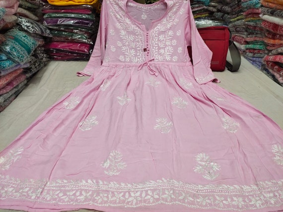 Lucknow Chikankari embroidery Heavy Ghas Patti work Rayon Cotton Anarkali Kurti gown for women | Handmade Party wear kurti gown