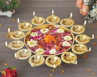 Gold Plated Diya Urli Bowl - 14 inch Metal Floral Decor