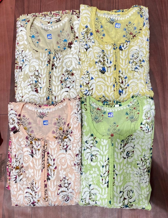 Handmade Lucknowi Ethnic Chikankari Embroidery Mulmul Cotton Kurta Kurti Set For Women