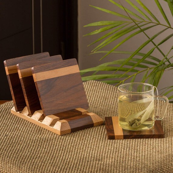Wooden tea coaster for cup & mug with stand set of 4 for office table, decorative coaster set for dinning table, coffee mug bar coaster