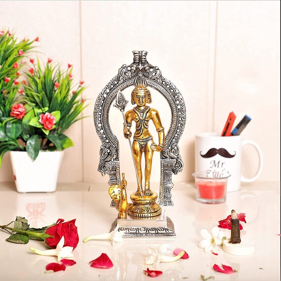 Murugan swamy with peacock and spherical metal idol/kartikeya/skanda swamiji/god of war and victory/son of shiva parvati idol for worship