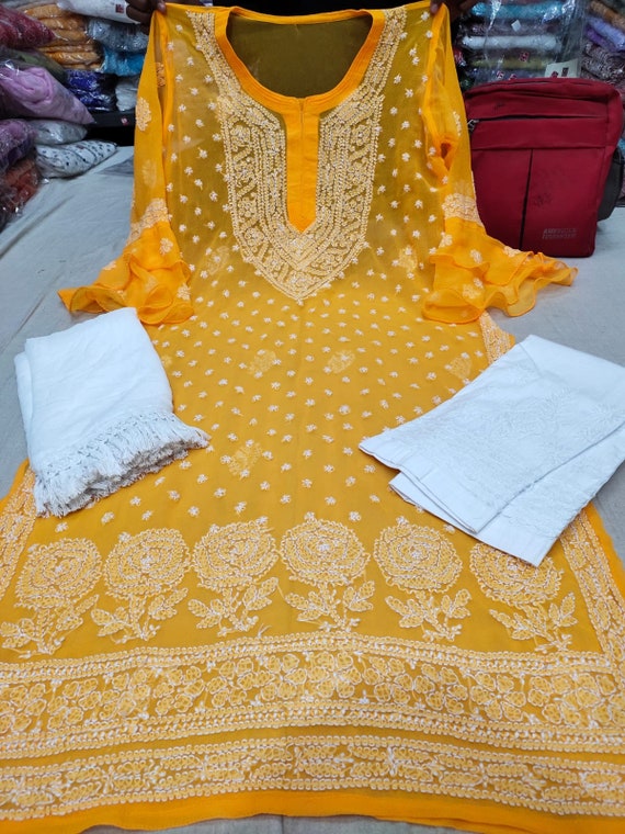 Lucknowi Handmade Chikankari Keel Rose Georgette Kurti set for Women | Beautiful Umbrella sleeve Ethnic Wear Kurta set | party wear kurta