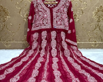 Kurta/Kurti Anarkali Chikankari de Lucknowi, hecho a mano, con trabajo elegante en toda la prenda para mujer, con interior gratis