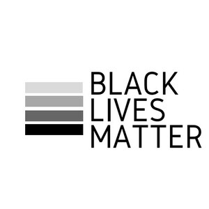 May include: Black Lives Matter text in black with a stack of five gray and black bars behind the text.
