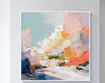 Colorful Abstract Landscape Painting, Modern Textured Canvas Wall Art, Impressionist Mountain Artwork, Warm Contemporary Home Decor