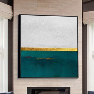 Abstract Art Prints On Canvas Large Framed Wall Art Teal And Gold Art Print Modern Living Room Decor Contemporary Art Housewarming Gift