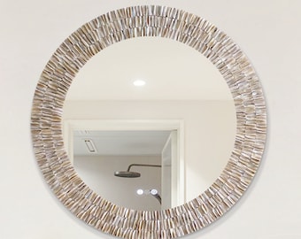Shells mirror Babylonia Shell mirror pearl oyster shell art Round Wall art,Boho mirror, Gallery Wall Art,sea shell ornaments bathroom decor