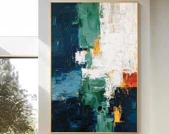Abstract Wall Art, Hand-Painted Textured Painting, Teal Green and White Artwork, Modern Canvas Decor