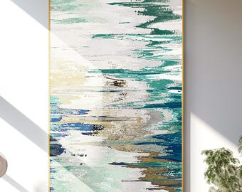 Teal Green Abstract Ocean Painting: Large Framed Wall Art