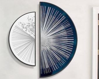 Navy Blue Sunburst Canvas Print, Abstract Half Circle Artwork, Silver Line Decor