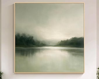 Misty Green Lake Oil Painting, Sage Green Landscape Wall Art, Foggy Forest Lake Canvas, Tranquil Nature Painting, Framed Minimalist Art