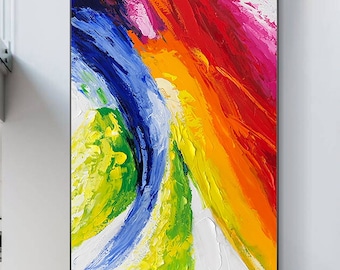 Abstract blue and red wall art painting on canvas Colorful Rainbow Textured Art large rainbow painting minimalist living room decor