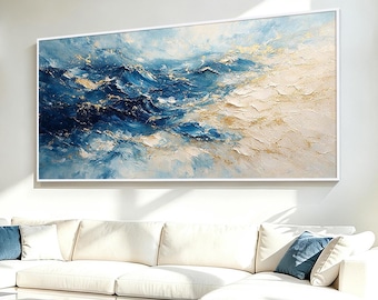 Ocean Wave Wall Art, Blue Abstract Seascape Painting, Gold Texture Artwork, Large Coastal Canvas, Modern Beach House Decor