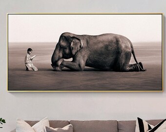Abstract Elephant painting Animal Portrait Elephant art Extra Large Brown Painting Horizontal Wall Decor Art,Office Decoration